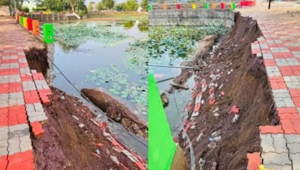 "भिलाई में तालाब सौंदर्यीकरण में भ्रष्टाचार का खुलासा, महज आधे घंटे की बारिश में ढही दीवार"