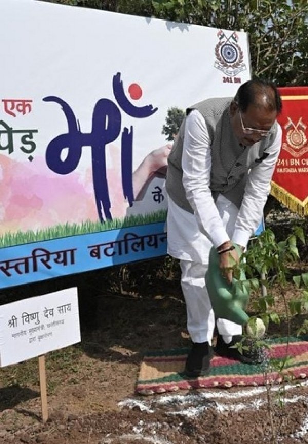 मुख्यमंत्री साय ने "एक पेड़ मां के नाम" अभियान के तहत सीआरपीएफ के बस्तरिया बटालियन परिसर में लगाया नीम का पौधा