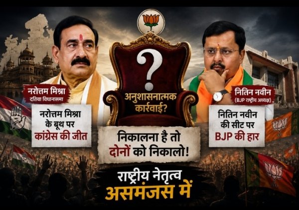 दतिया में नरोत्तम मिश्रा के बूथ पर कांग्रेस की बढ़त, नितिन नवीन की सीट पर भी भाजपा पराजित; राजनीतिक गलियारों में अनुशासनात्मक कार्रवाई को लेकर चर्चा तेज